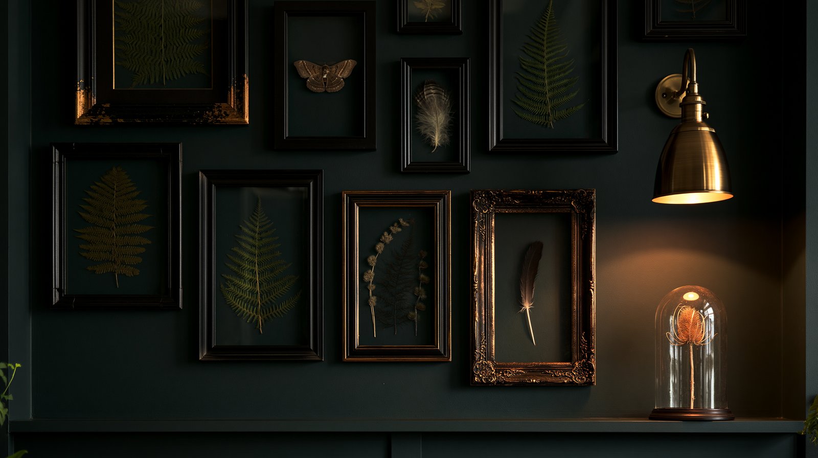 A crowded gallery wall of dark framed botanical and insect specimen prints in mismatched ornate black frames, lit by a small brass picture light