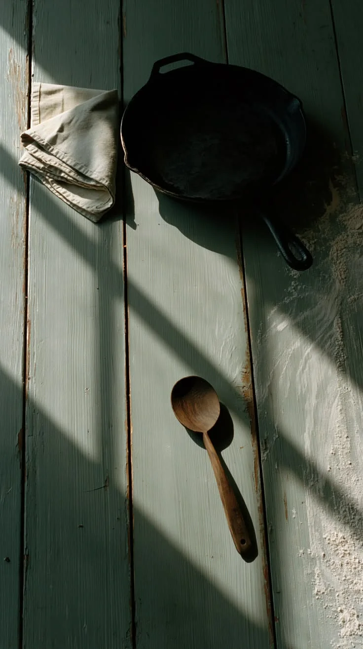 A seasoned cast iron skillet, folded linen cloth, and worn wooden spoon arranged on sage green painted floorboards dusted with flour, in hard window light