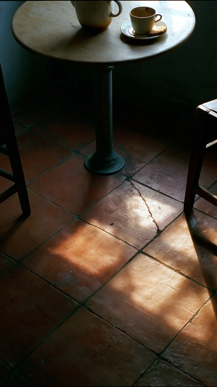 A quiet café corner with a worn marble bistro table, white enamel jug and teacup, and morning light falling across cracked terracotta tile floors