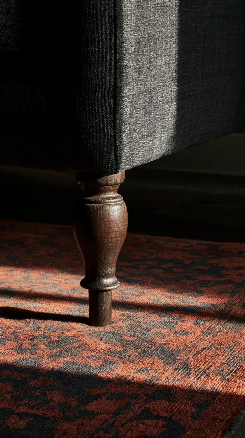 Faded rust and charcoal patterned rug beneath a sofa's turned dark oak leg, harsh raking window light casting long shadows across the weave