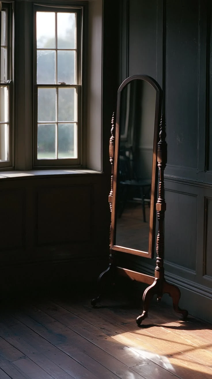 Dark green paneled room with a freestanding antique cheval mirror positioned in a shaft of window light on a wood floor