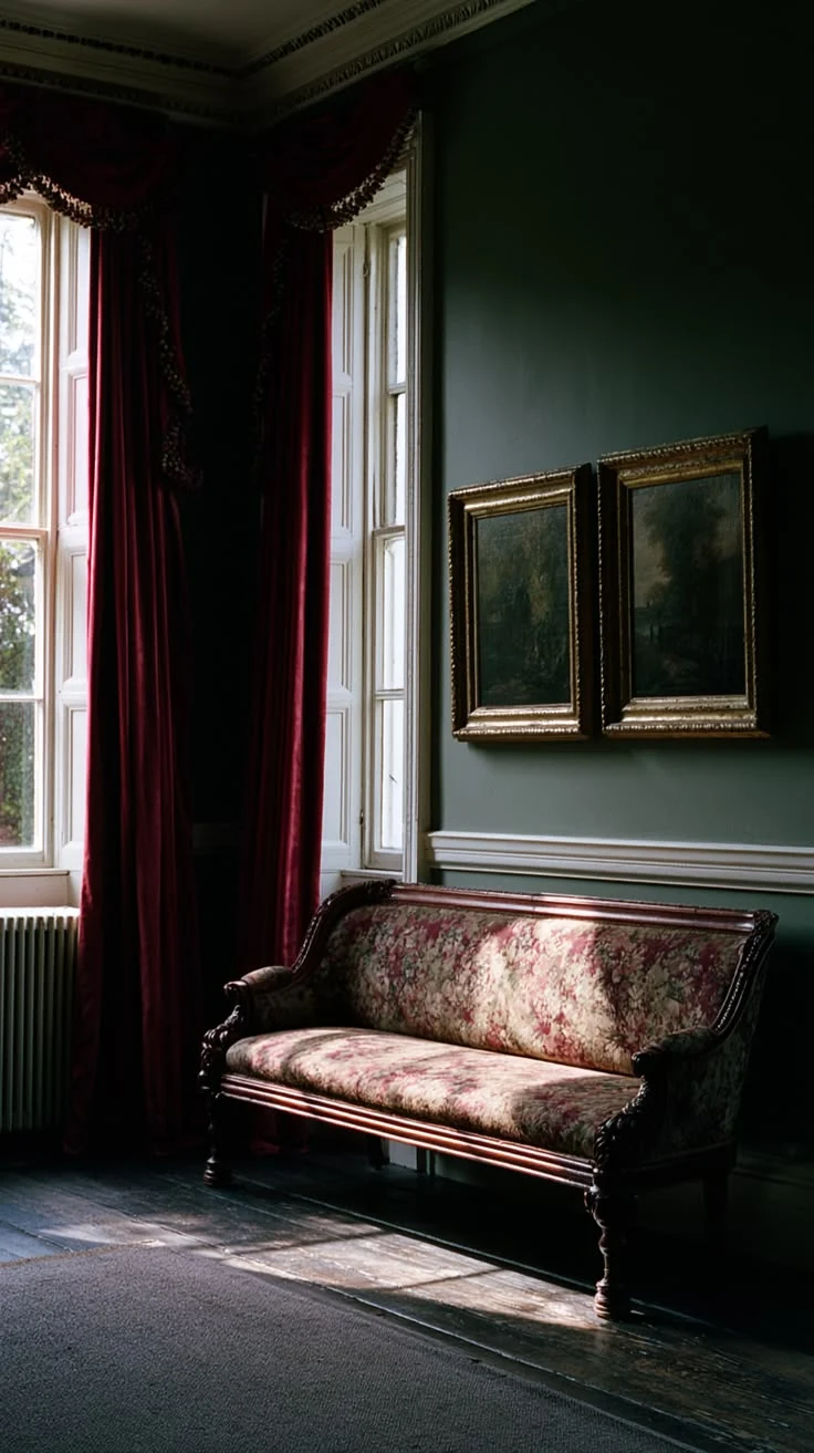 Dark green drawing room with deep red velvet curtains, a antique floral settee, and two gilt-framed landscape paintings hung on the paneled wall