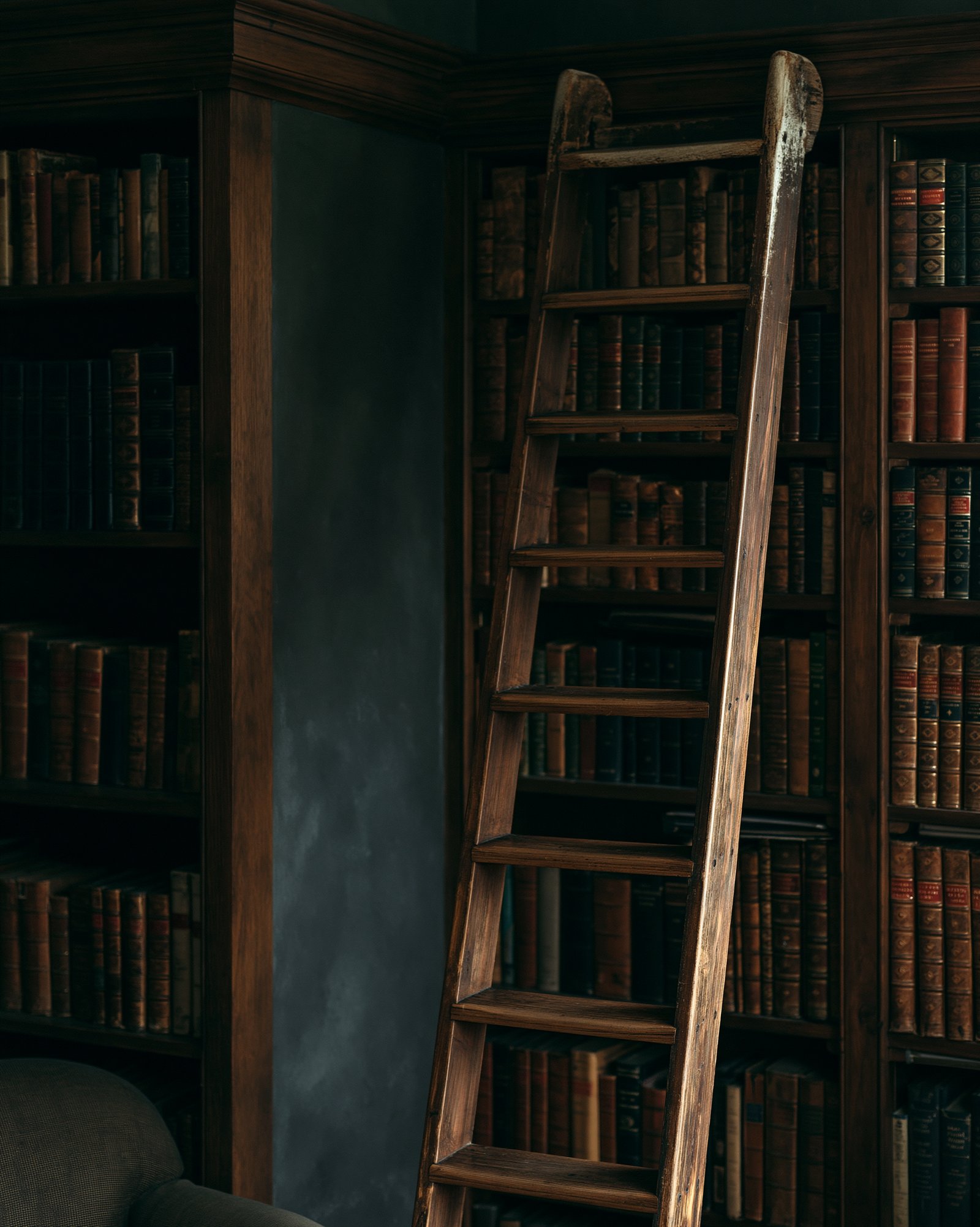A wooden library ladder leaning against a tall run of dark wood bookshelves lined with worn cloth-bound books